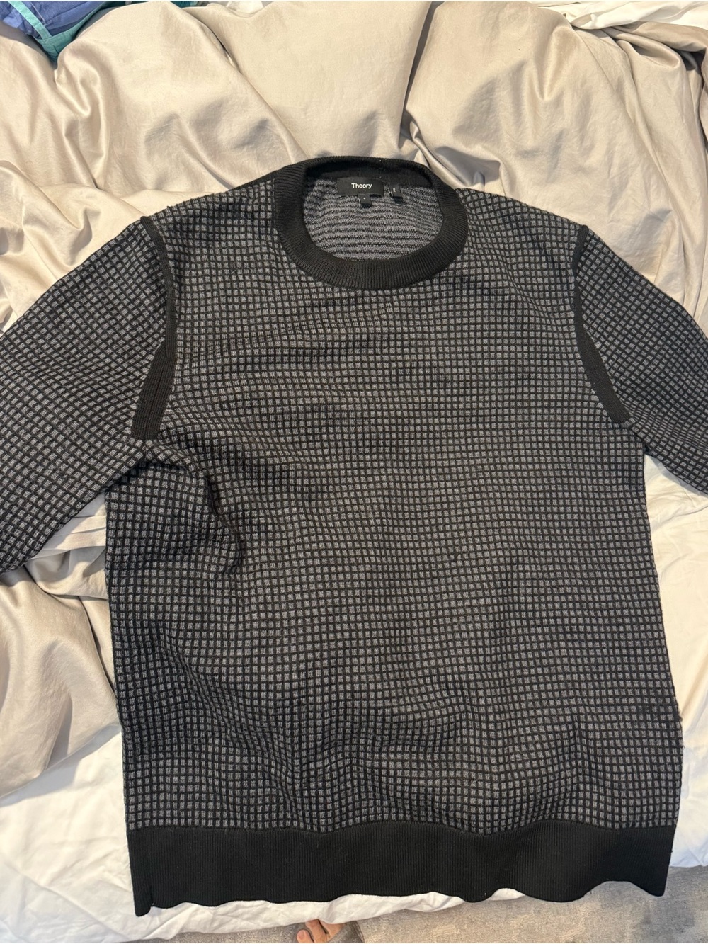 Theory Black and Gray Grid Knit Crewneck Sweater